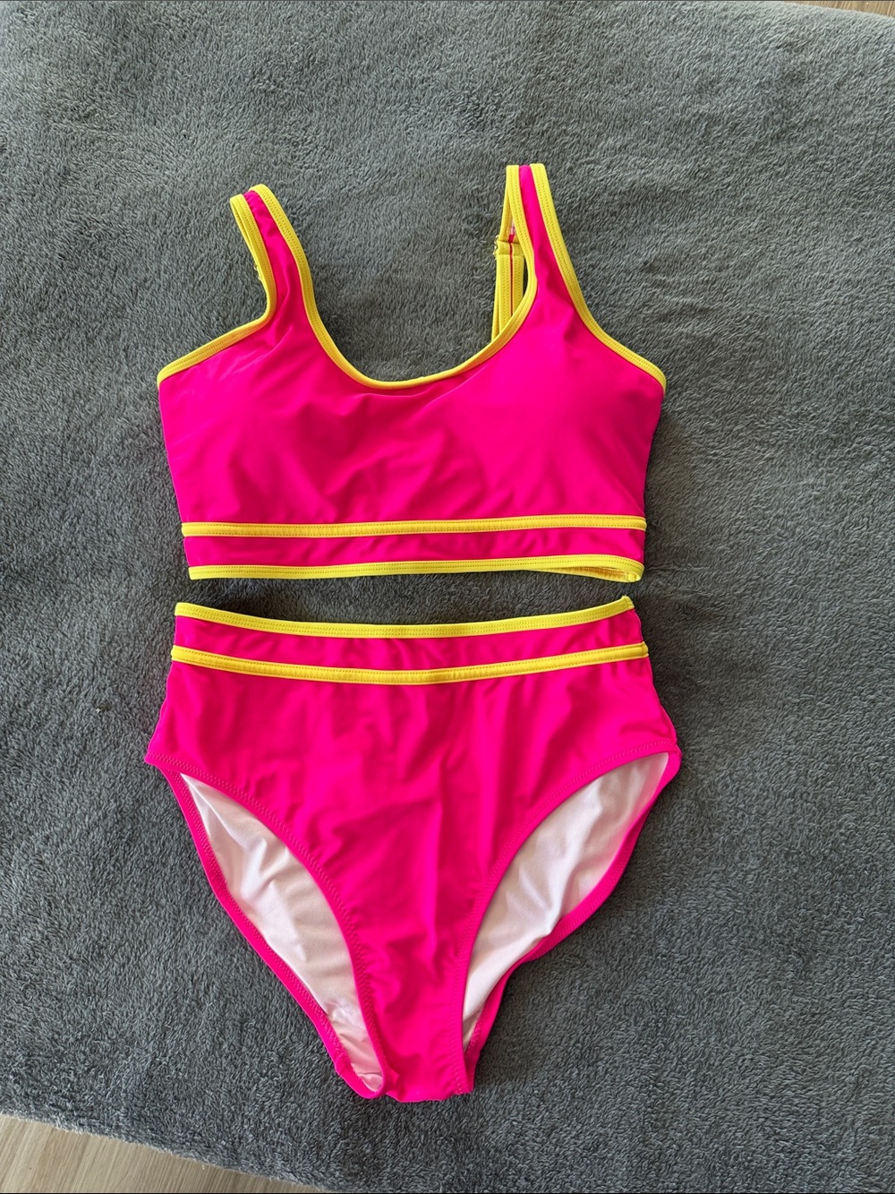 Neon Pink Two-Piece Swim Set with Yellow Trim